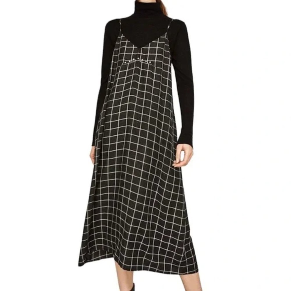 New Zara studded plaid tartan wool feel dainty strap cami slip midi maxi dress